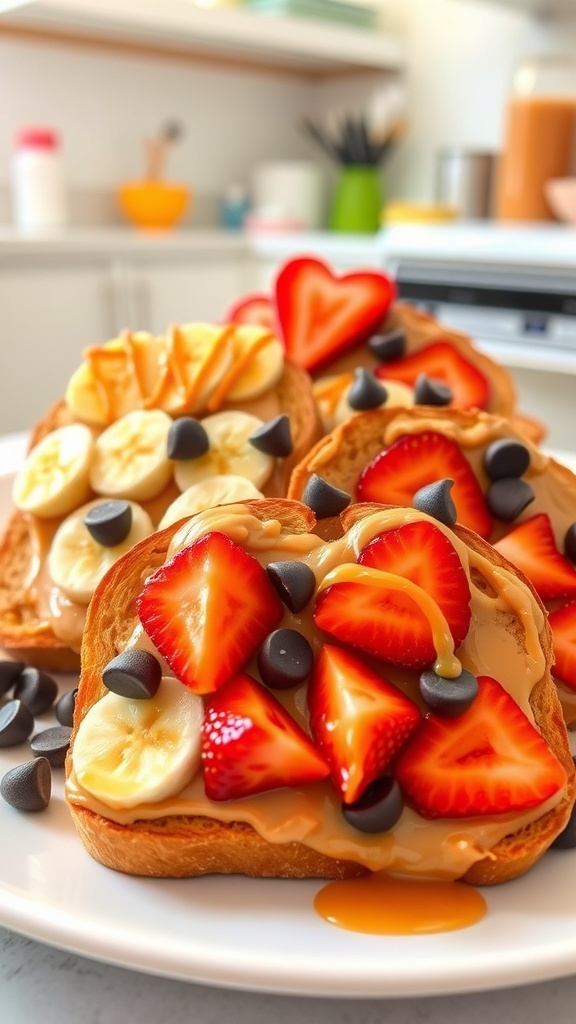 Colorful toast with fruits and toppings arranged in creative designs on a plate.